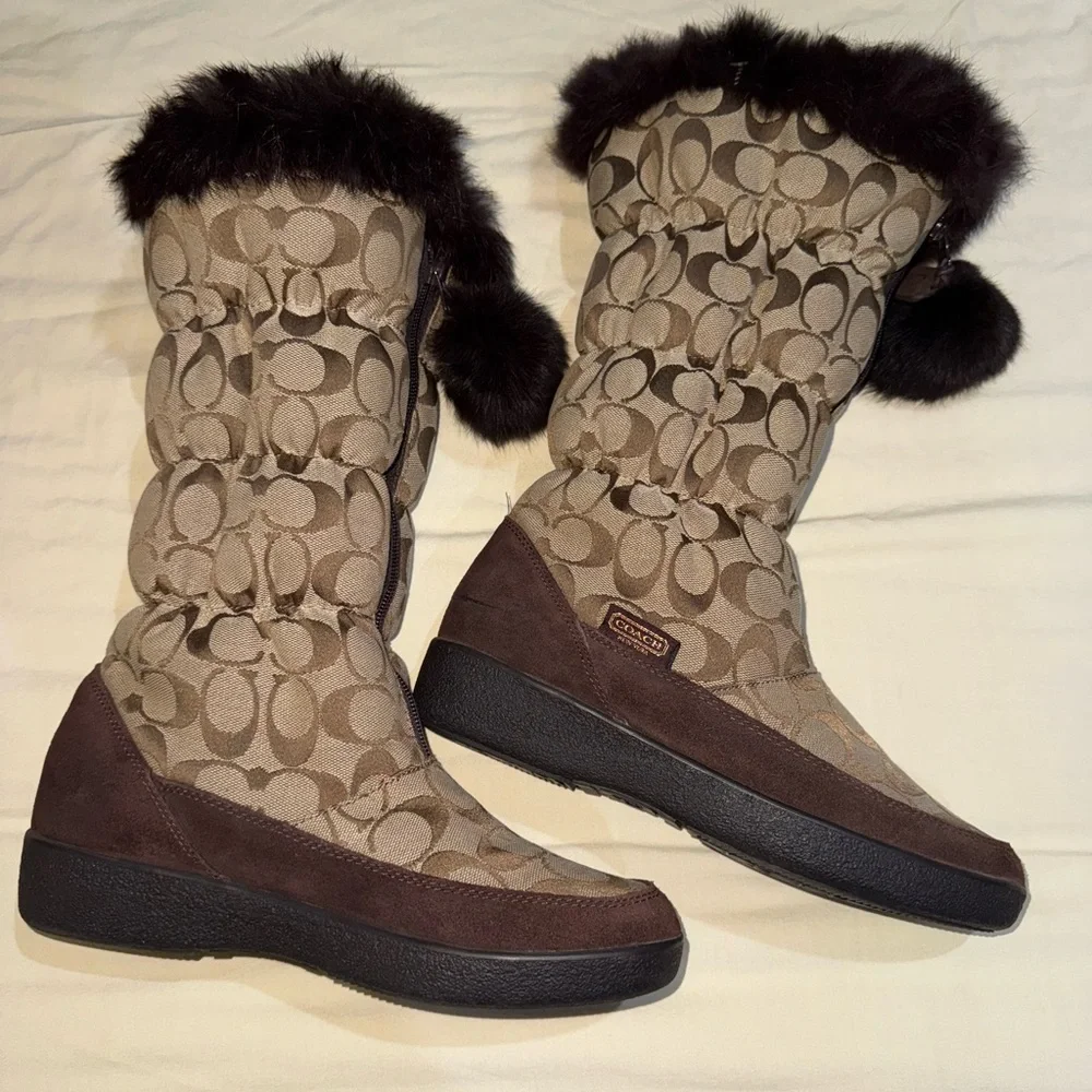 Coach Theona Y2K Signature Monogram Jacquard Rabbit Fur Brown Women’s Boots 8.5